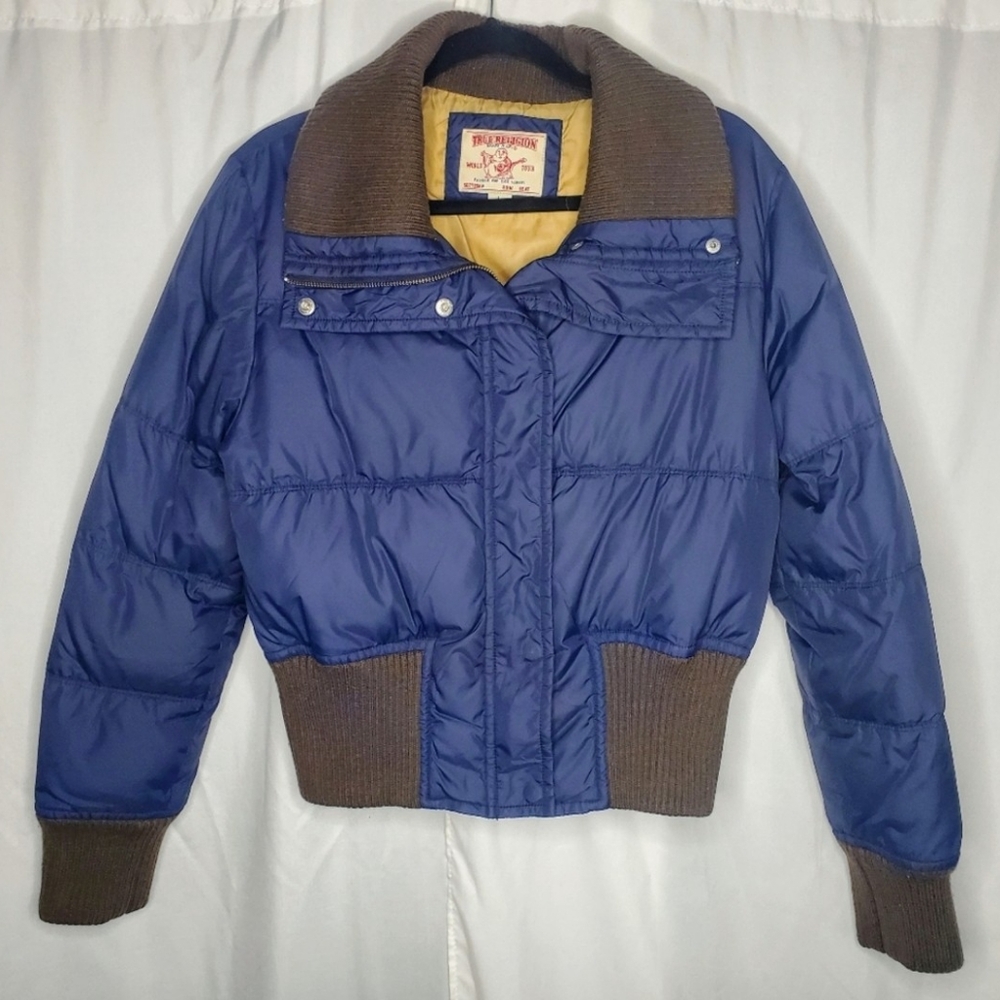 True Religion Navy & Brown Sz Large Cropped Puffer Jacket Coat